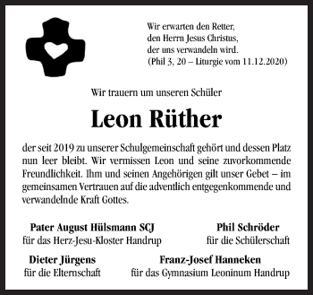 Traueranzeige von Leon Rüther von Neue Osnabrücker Zeitung GmbH & Co. KG