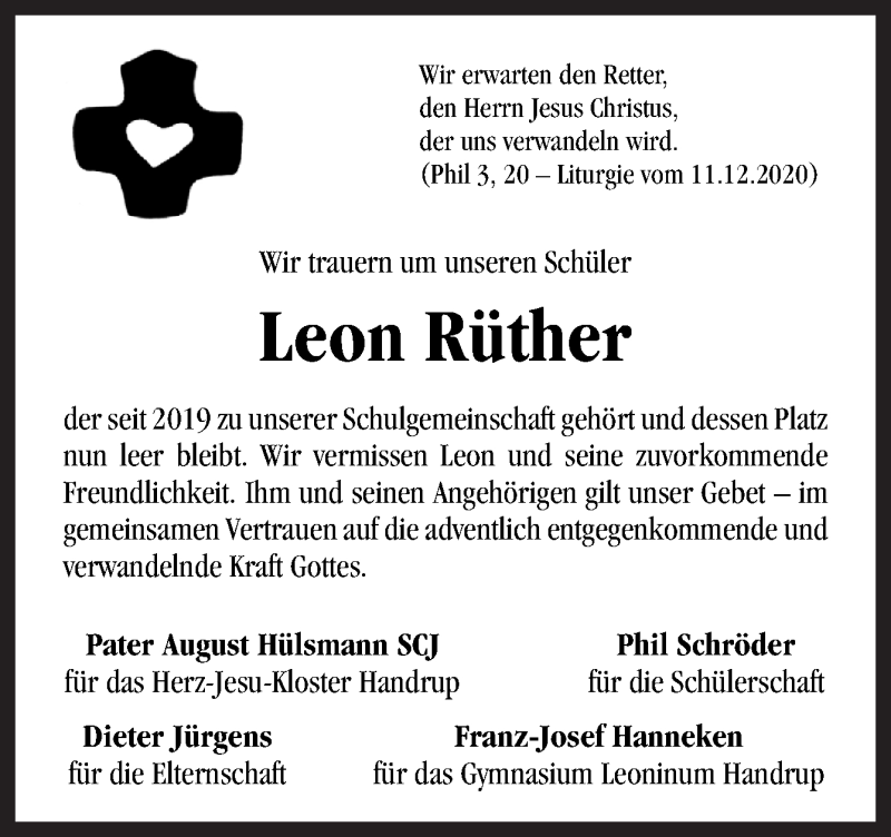  Traueranzeige für Leon Rüther vom 17.12.2020 aus Neue Osnabrücker Zeitung GmbH & Co. KG