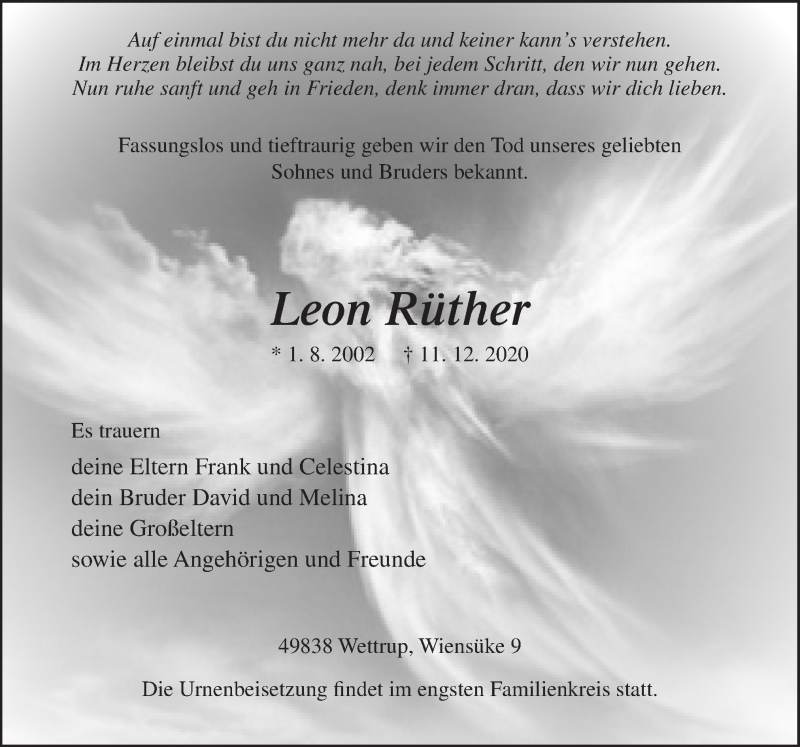  Traueranzeige für Leon Rüther vom 14.12.2020 aus Neue Osnabrücker Zeitung GmbH & Co. KG