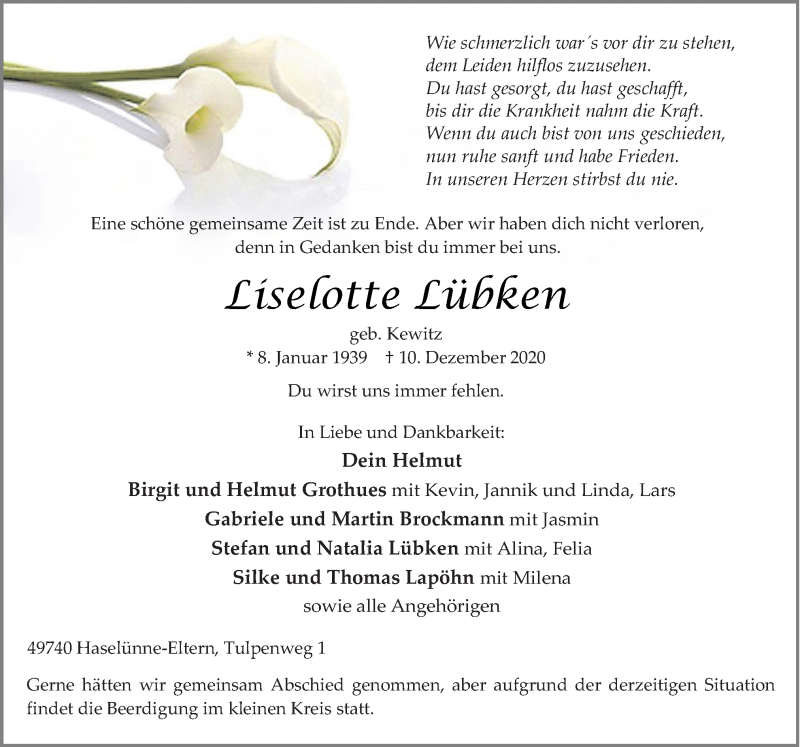  Traueranzeige für Liselotte Lübken vom 12.12.2020 aus Neue Osnabrücker Zeitung GmbH & Co. KG