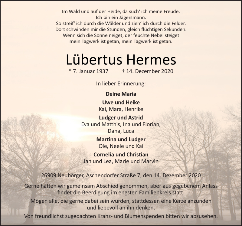  Traueranzeige für Lübertus Hermes vom 16.12.2020 aus Neue Osnabrücker Zeitung GmbH & Co. KG