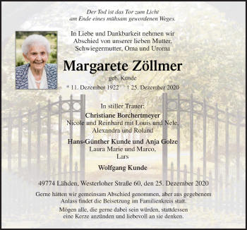 Traueranzeige von Margarete Zöllmer von Neue Osnabrücker Zeitung GmbH & Co. KG