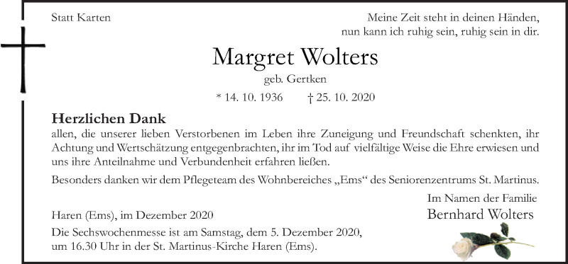 Traueranzeige für Margret Wolters vom 02.12.2020 aus Neue Osnabrücker Zeitung GmbH & Co. KG