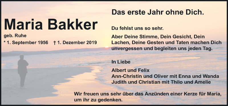 Traueranzeige für Maria Bakker vom 03.12.2020 aus Neue Osnabrücker Zeitung GmbH & Co. KG