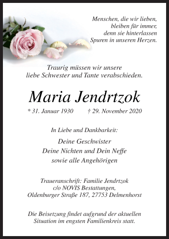 Traueranzeige von Maria Jendrtzok von Neue Osnabrücker Zeitung GmbH & Co. KG