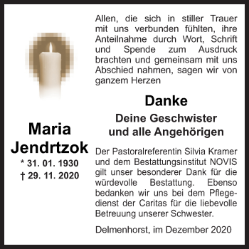 Traueranzeige von Maria Jendrtzok von Neue Osnabrücker Zeitung GmbH & Co. KG