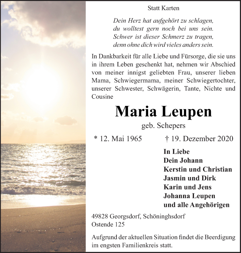  Traueranzeige für Maria Leupen vom 22.12.2020 aus Neue Osnabrücker Zeitung GmbH & Co. KG