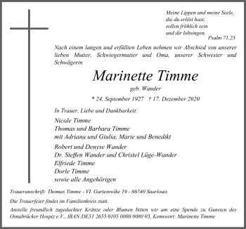 Traueranzeige von Marinette Timme von Neue Osnabrücker Zeitung GmbH & Co. KG
