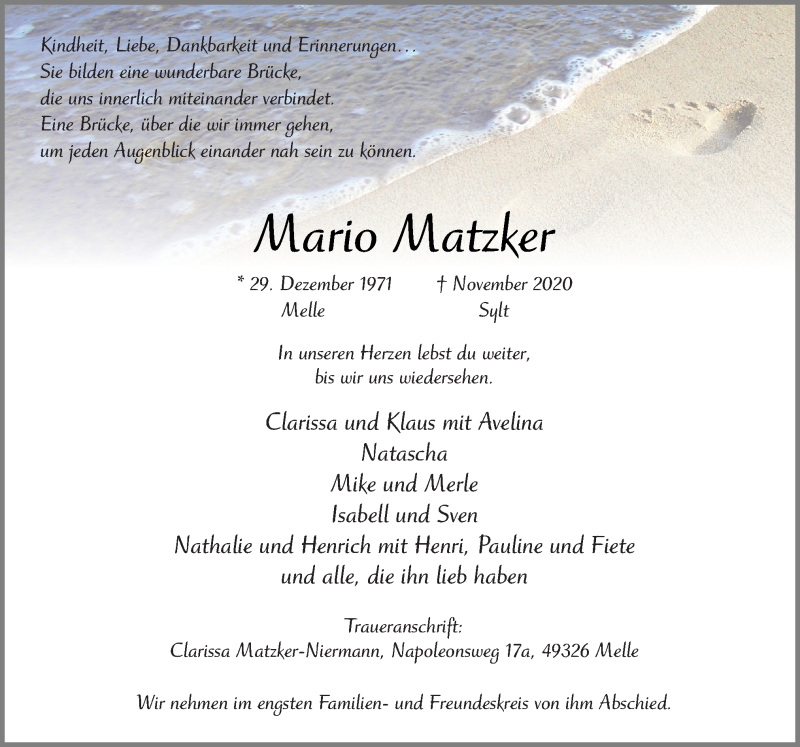  Traueranzeige für Mario Matzker vom 29.12.2020 aus Neue Osnabrücker Zeitung GmbH & Co. KG