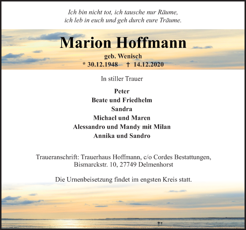  Traueranzeige für Marion Hoffmann vom 19.12.2020 aus Neue Osnabrücker Zeitung GmbH & Co. KG
