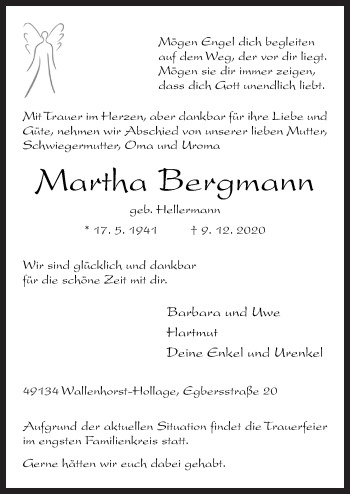 Traueranzeige von Martha Bergmann von Neue Osnabrücker Zeitung GmbH & Co. KG