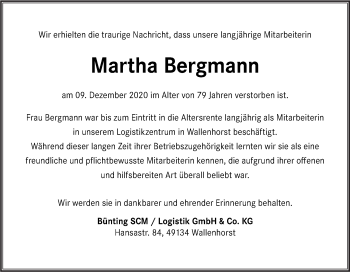 Traueranzeige von Martha Bergmann von Neue Osnabrücker Zeitung GmbH & Co. KG