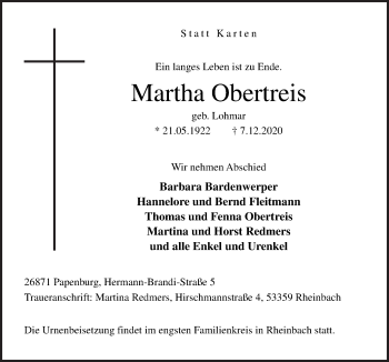 Traueranzeige von Martha Obertreis von Neue Osnabrücker Zeitung GmbH & Co. KG