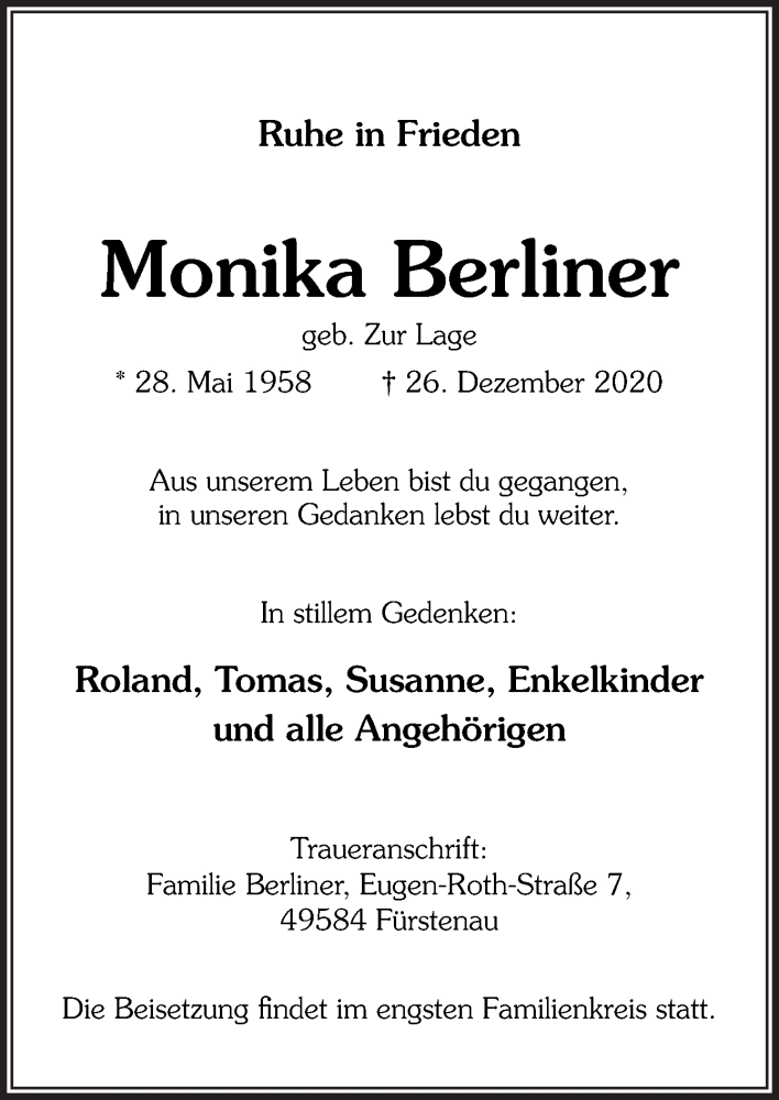  Traueranzeige für Monika Berliner vom 31.12.2020 aus Neue Osnabrücker Zeitung GmbH & Co. KG