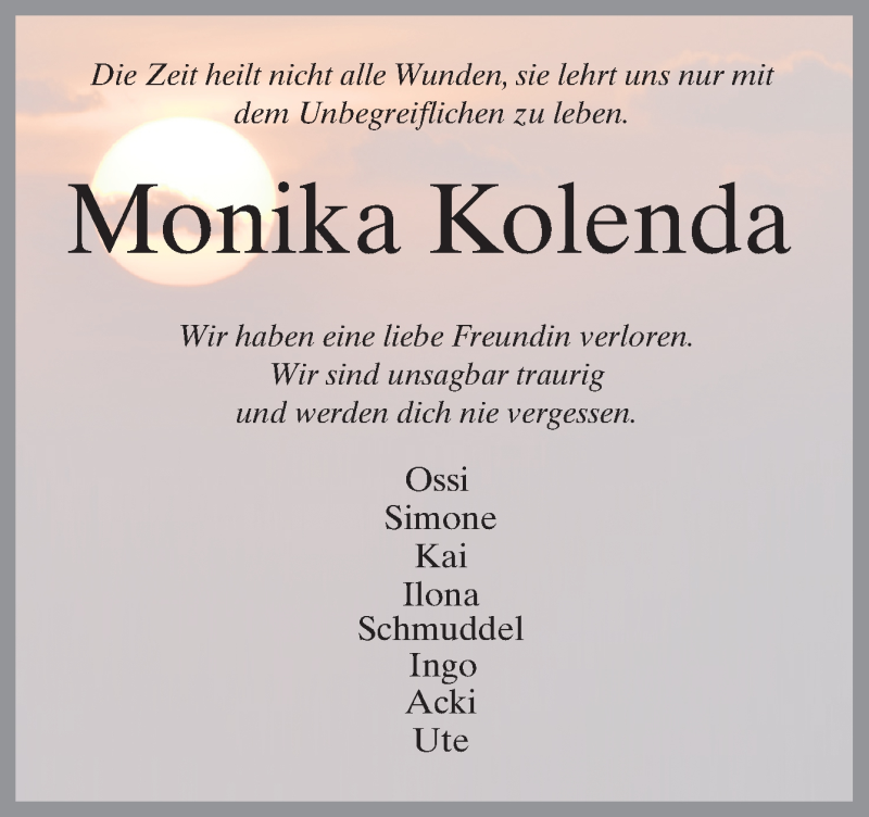 Traueranzeige für Monika Kolenda vom 02.12.2020 aus Neue Osnabrücker Zeitung GmbH & Co. KG