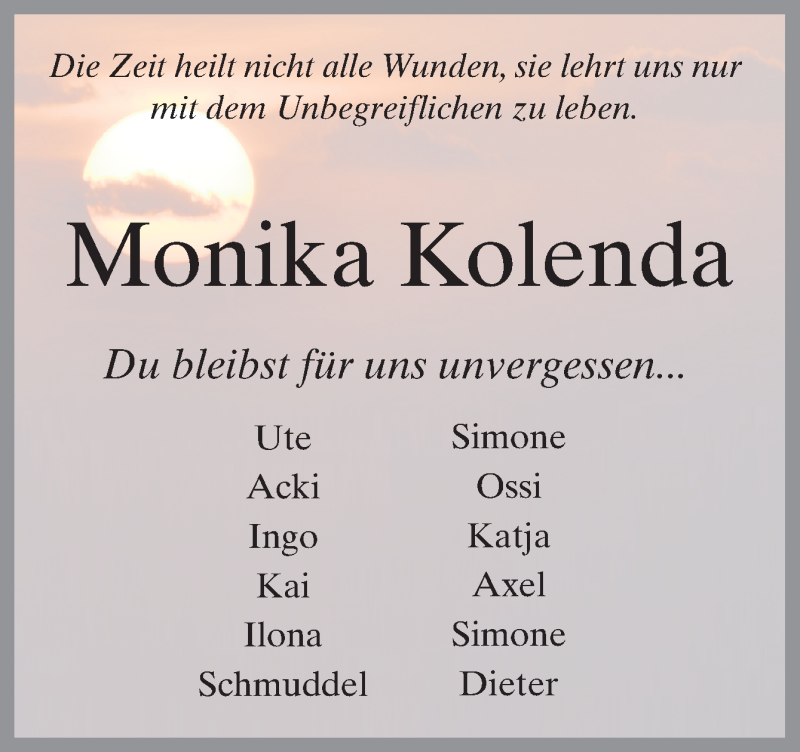  Traueranzeige für Monika Kolenda vom 05.12.2020 aus Neue Osnabrücker Zeitung GmbH & Co. KG