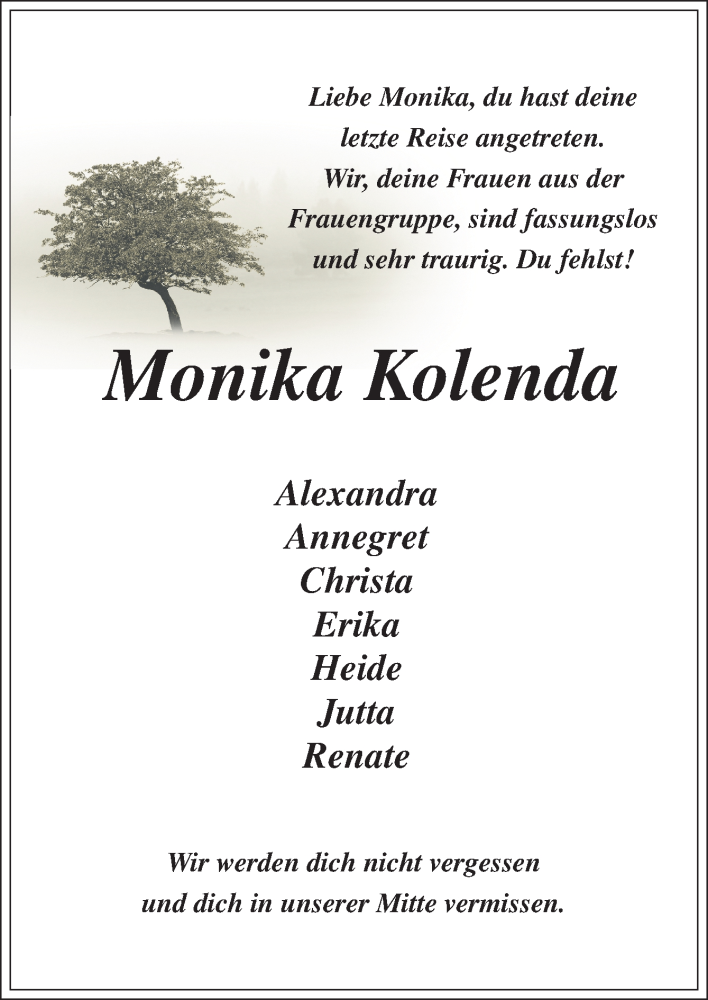  Traueranzeige für Monika Kolenda vom 01.12.2020 aus Neue Osnabrücker Zeitung GmbH & Co. KG