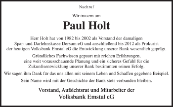 Traueranzeige von Paul Holt von Neue Osnabrücker Zeitung GmbH & Co. KG