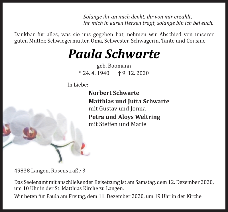  Traueranzeige für Paula Schwarte vom 11.12.2020 aus Neue Osnabrücker Zeitung GmbH & Co. KG
