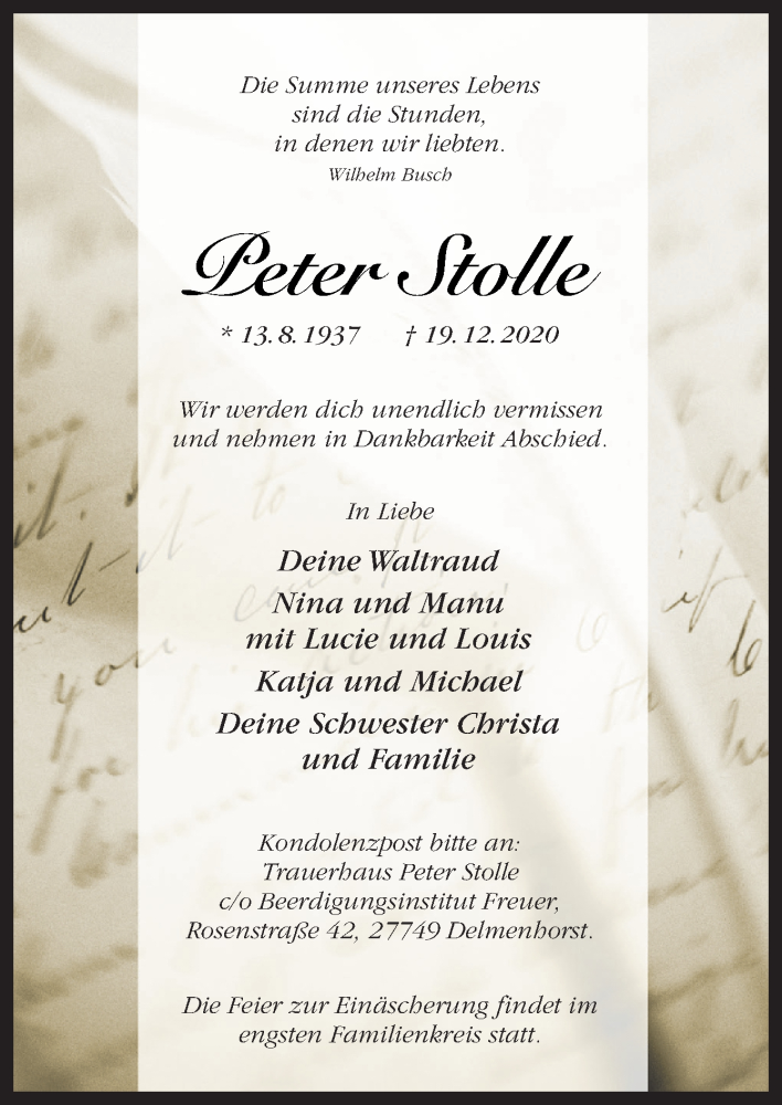  Traueranzeige für Peter Stolle vom 22.12.2020 aus Neue Osnabrücker Zeitung GmbH & Co. KG
