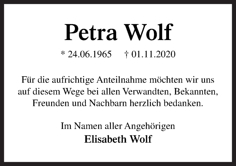  Traueranzeige für Petra Wolf vom 12.12.2020 aus Neue Osnabrücker Zeitung GmbH & Co. KG