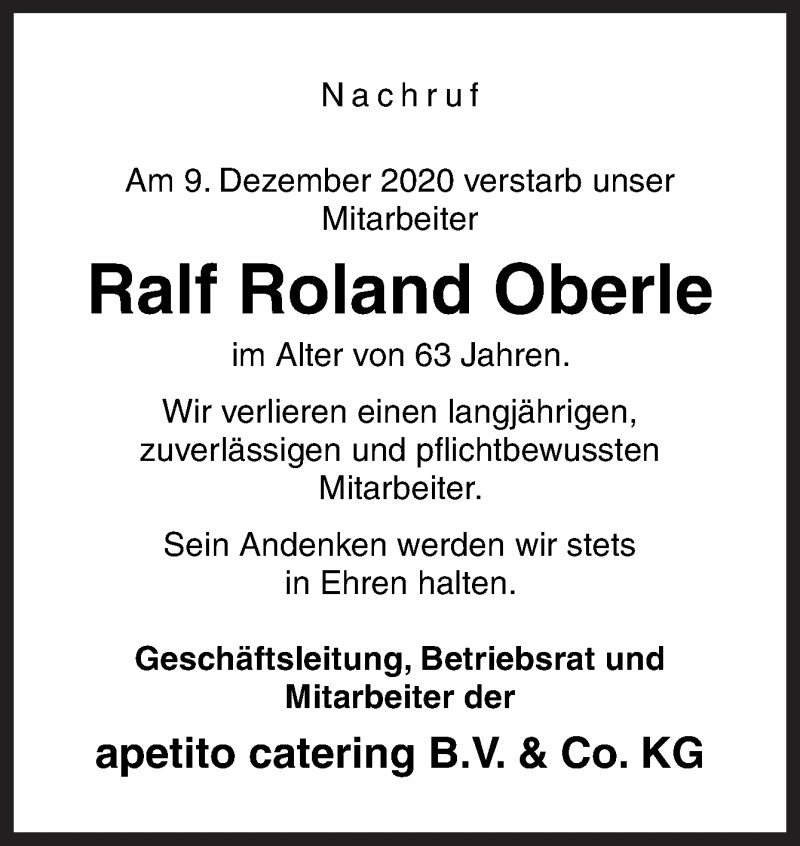  Traueranzeige für Ralf Roland Oberle vom 15.12.2020 aus Neue Osnabrücker Zeitung GmbH & Co. KG
