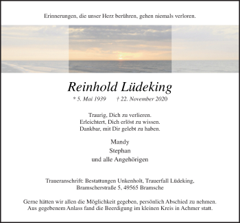 Traueranzeige von Reinhold Lüdeking von Neue Osnabrücker Zeitung GmbH & Co. KG