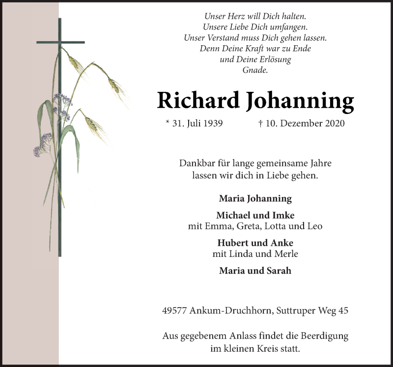  Traueranzeige für Richard Johanning vom 12.12.2020 aus Neue Osnabrücker Zeitung GmbH & Co. KG