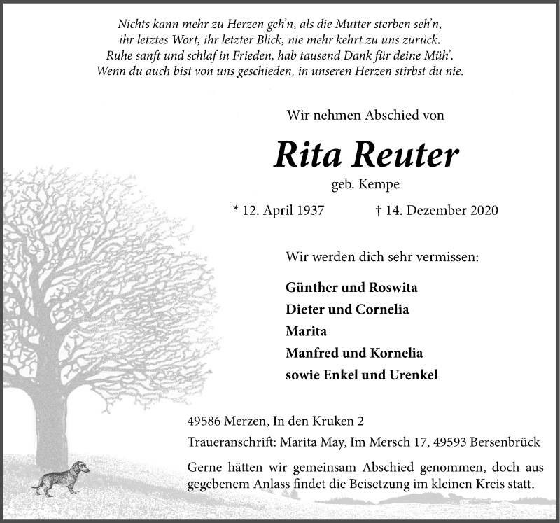  Traueranzeige für Rita Reuter vom 16.12.2020 aus Neue Osnabrücker Zeitung GmbH & Co. KG