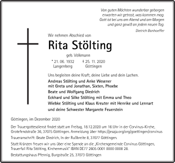 Traueranzeige von Rita Stölting von Neue Osnabrücker Zeitung GmbH & Co. KG