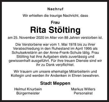 Traueranzeige von Rita Stölting von Neue Osnabrücker Zeitung GmbH & Co. KG