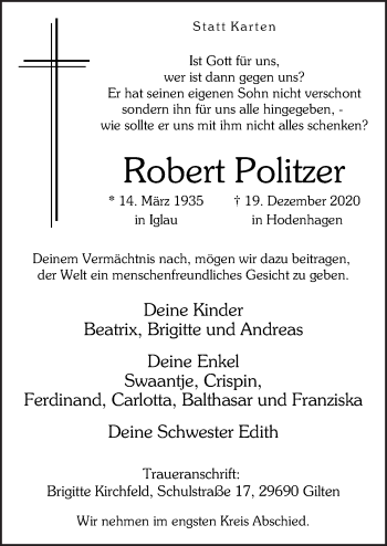Traueranzeige von Robert Politzer von Neue Osnabrücker Zeitung GmbH & Co. KG
