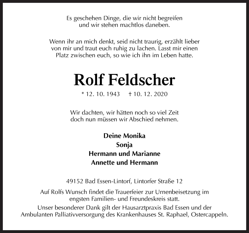  Traueranzeige für Rolf Feldscher vom 12.12.2020 aus Neue Osnabrücker Zeitung GmbH & Co. KG