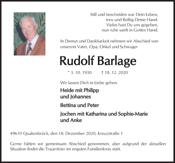 Traueranzeige von Rudolf Barlage von Neue Osnabrücker Zeitung GmbH & Co. KG