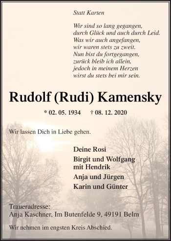 Traueranzeige von Rudolf Kamensky von Neue Osnabrücker Zeitung GmbH & Co. KG
