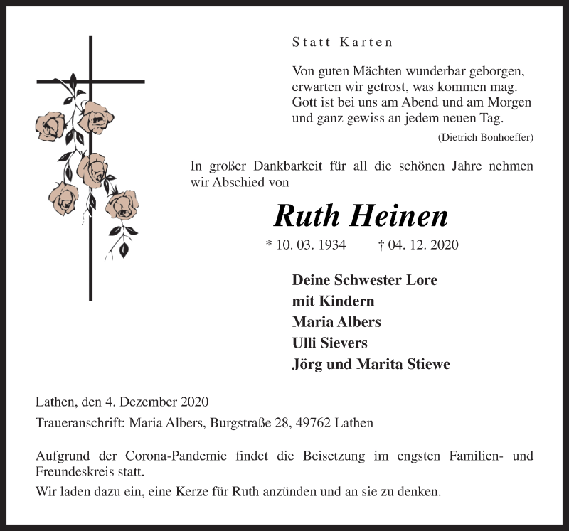  Traueranzeige für Ruth Heinen vom 07.12.2020 aus Neue Osnabrücker Zeitung GmbH & Co. KG
