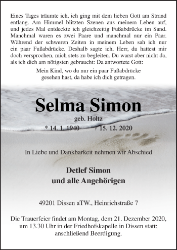 Traueranzeige von Selma Simon von Neue Osnabrücker Zeitung GmbH & Co. KG