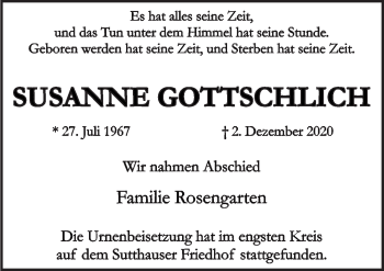 Traueranzeige von Susanne Gottschlich von Neue Osnabrücker Zeitung GmbH & Co. KG