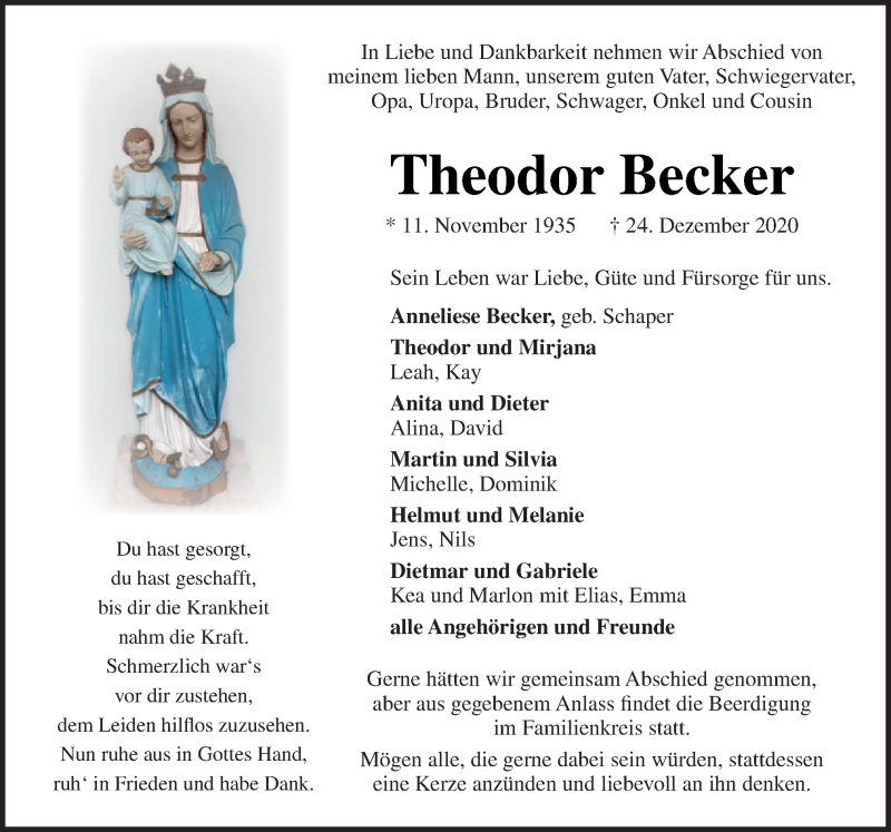  Traueranzeige für Theodor Becker vom 28.12.2020 aus Neue Osnabrücker Zeitung GmbH & Co. KG
