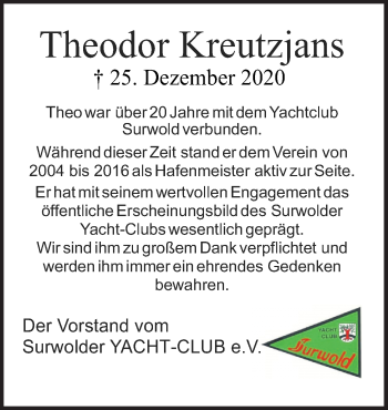 Traueranzeige von Theodor Kreutzjans von Neue Osnabrücker Zeitung GmbH & Co. KG