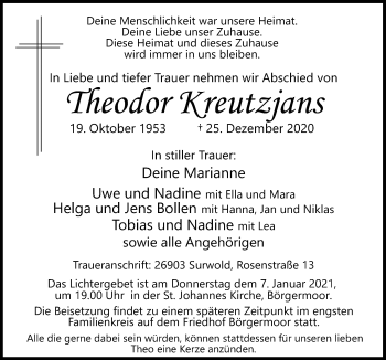 Traueranzeige von Theodor Kreutzjans von Neue Osnabrücker Zeitung GmbH & Co. KG