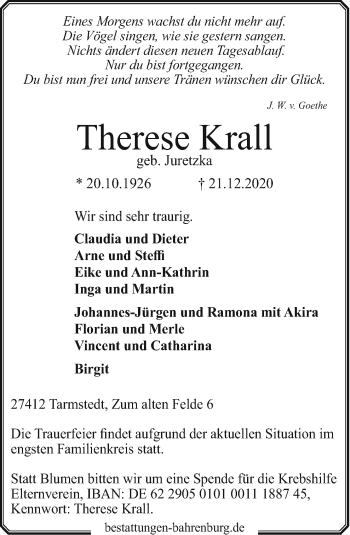 Traueranzeige von Therese Krall von Neue Osnabrücker Zeitung GmbH & Co. KG