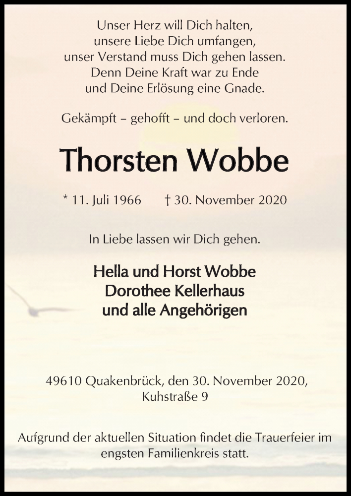  Traueranzeige für Thorsten Wobbe vom 02.12.2020 aus Neue Osnabrücker Zeitung GmbH & Co. KG