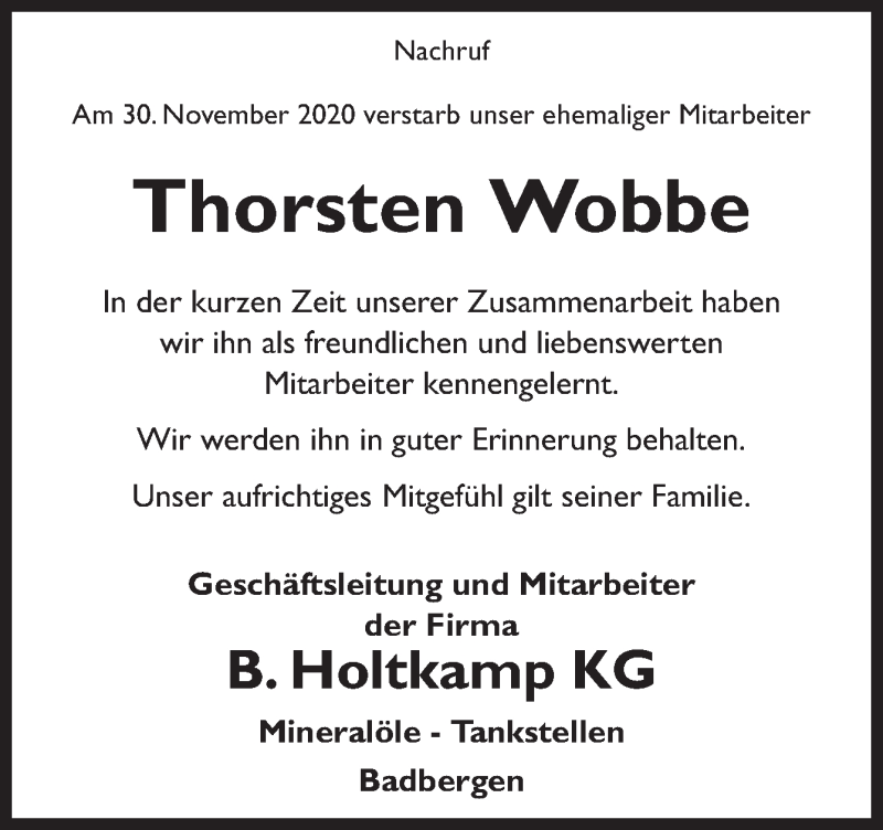  Traueranzeige für Thorsten Wobbe vom 05.12.2020 aus Neue Osnabrücker Zeitung GmbH & Co. KG