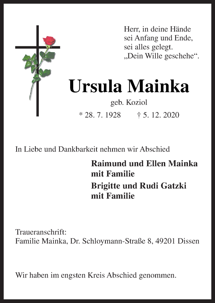  Traueranzeige für Ursula Mainka vom 12.12.2020 aus Neue Osnabrücker Zeitung GmbH & Co. KG