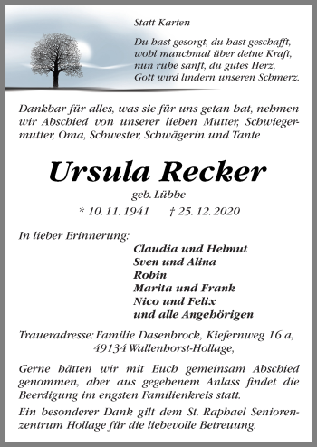 Traueranzeige von Ursula Recker von Neue Osnabrücker Zeitung GmbH & Co. KG