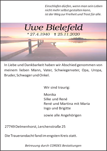 Traueranzeige von Uwe Bielefeld von Neue Osnabrücker Zeitung GmbH & Co. KG