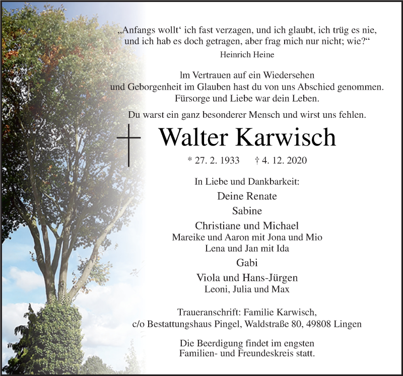  Traueranzeige für Walter Karwisch vom 09.12.2020 aus Neue Osnabrücker Zeitung GmbH & Co. KG