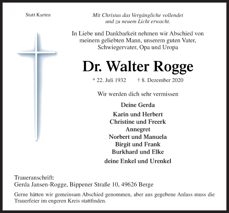 Traueranzeige für Walter Rogge vom 12.12.2020 aus Neue Osnabrücker Zeitung GmbH & Co. KG