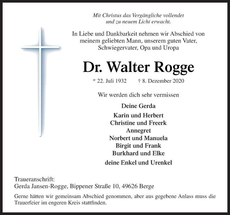  Traueranzeige für Walter Rogge vom 12.12.2020 aus Neue Osnabrücker Zeitung GmbH & Co. KG